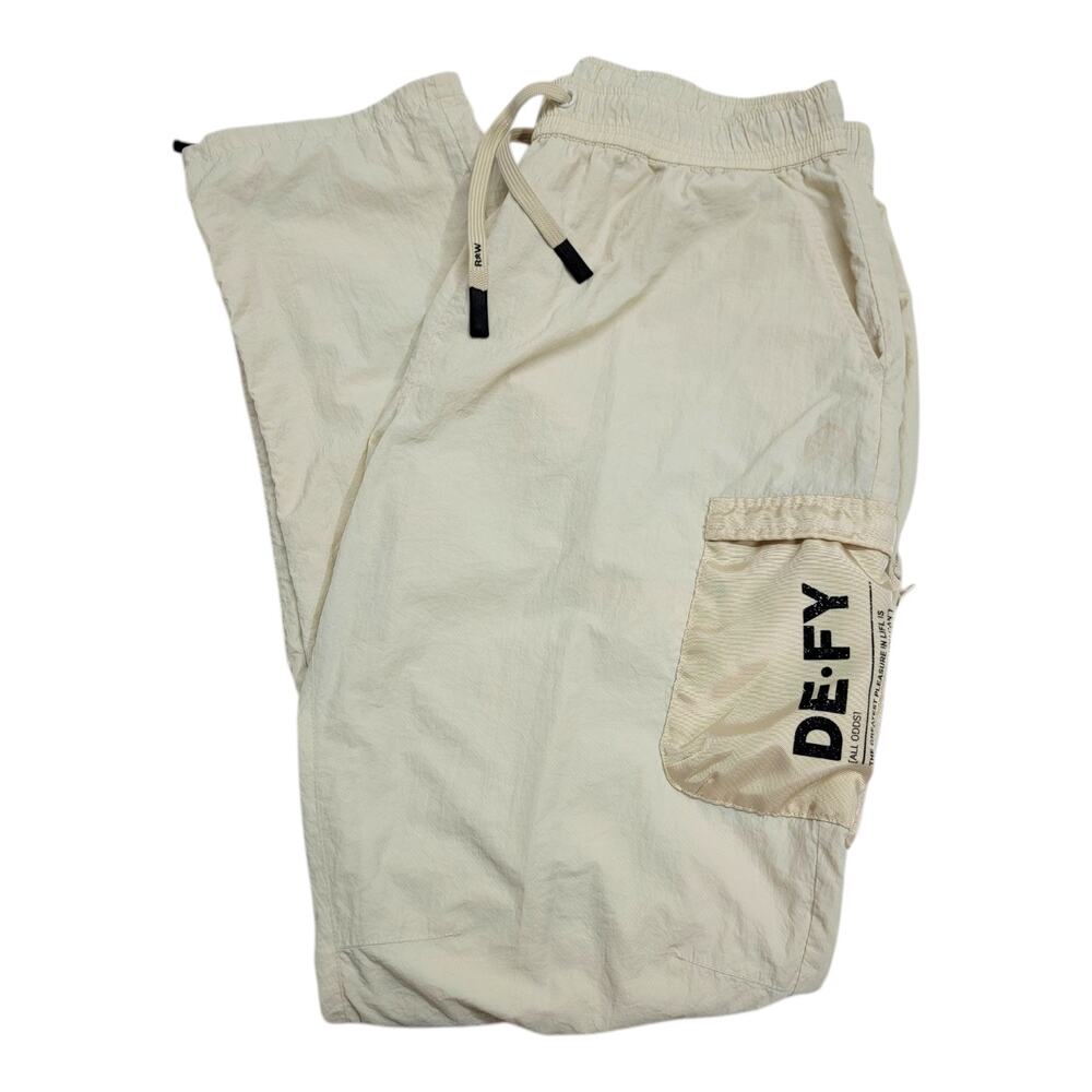 RawGear DE:FY Mens XL Cream Nylon Cargo Track Pants Mesh Lined Bungee Hem